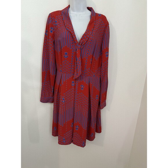 ModCloth Pleasant Confidence Red Blue Geometric A-Line Tie Neck Dress Size 8 - Picture 1 of 10